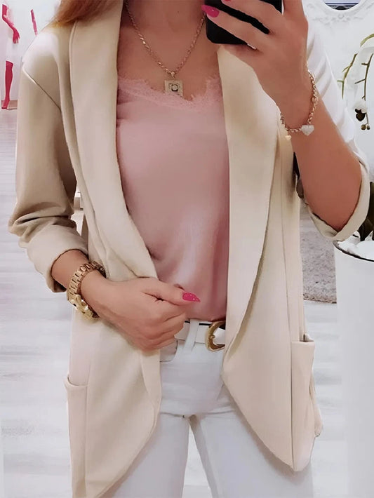 Collared Neck Long Sleeve Blazer Dust Storm - Fashorio