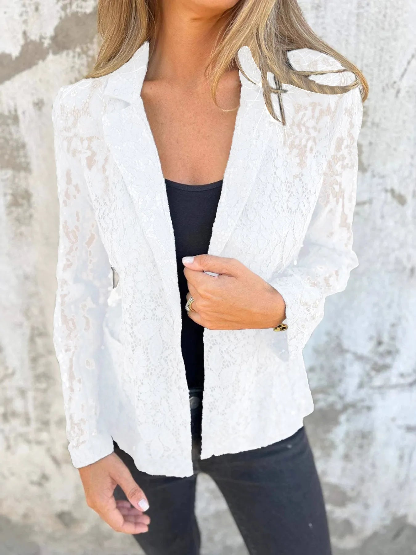 Fashorio Blazers Full Size Lace Open-Front Blazer Plus Size