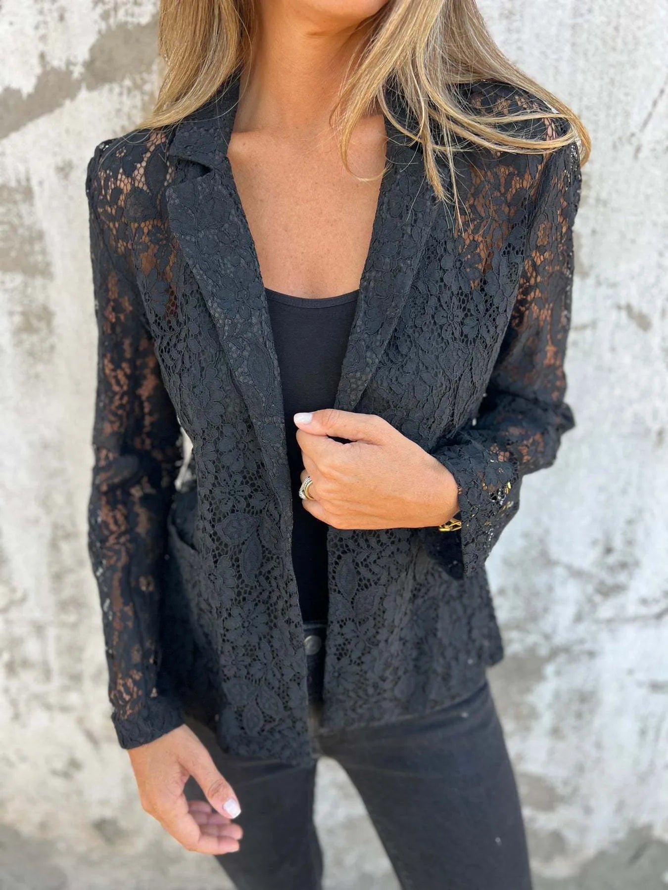 Fashorio Blazers Full Size Lace Open-Front Blazer Plus Size