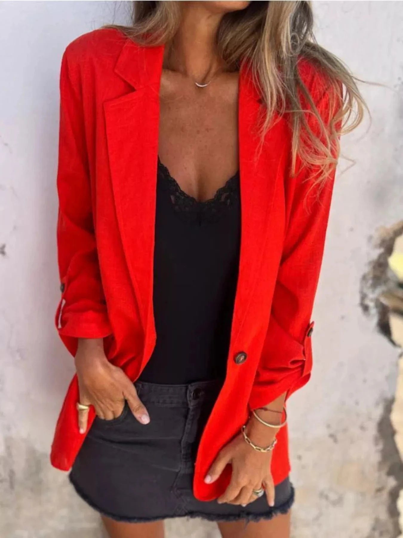 Full Size Lapel Collar Long Sleeve Blazer Plus Size - Fashorio