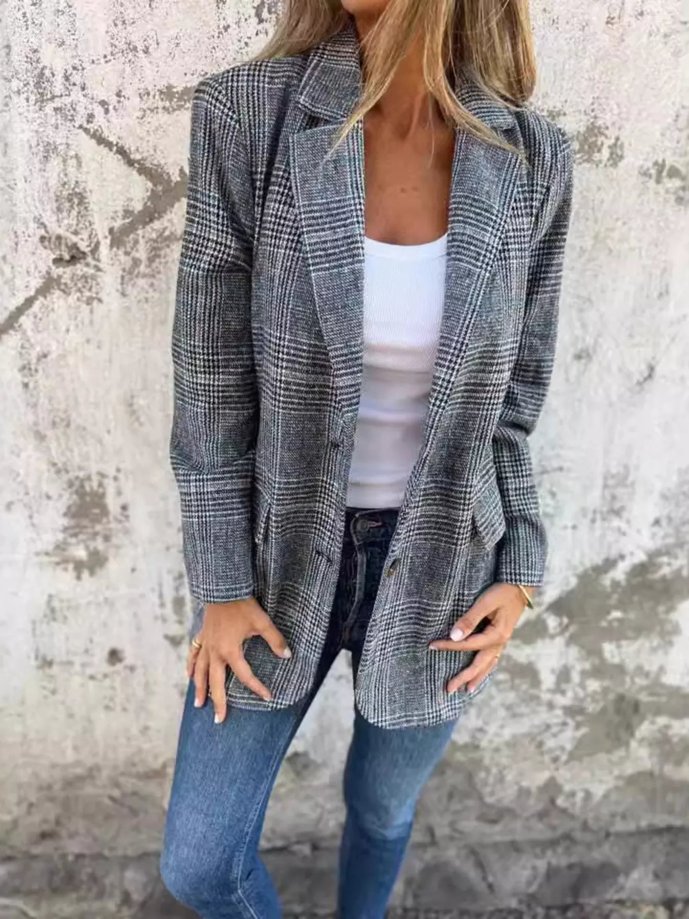 Fashorio Blazers Full Size Plaid Single-Breasted Long Sleeve Blazer Plus Size