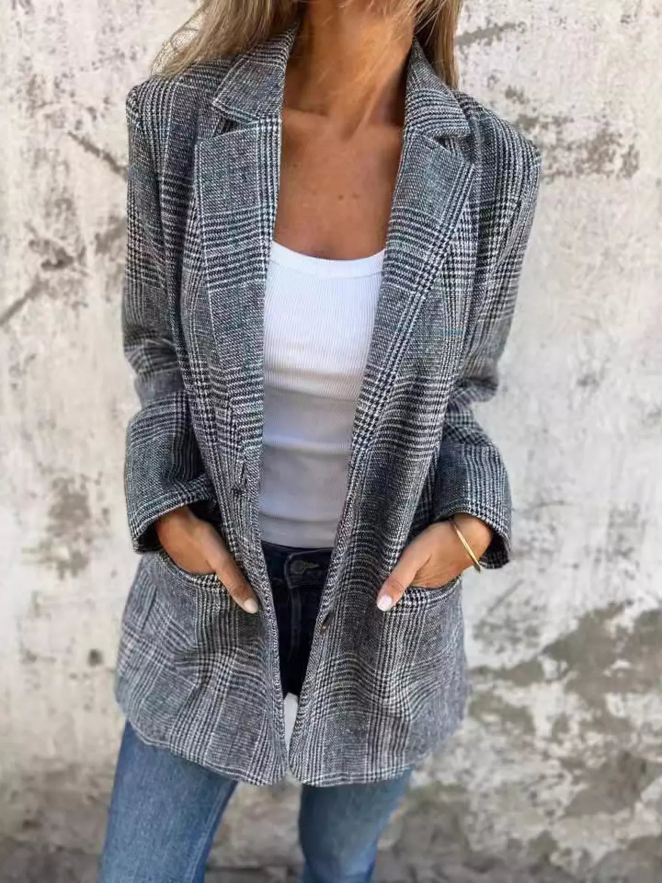Fashorio Blazers Full Size Plaid Single-Breasted Long Sleeve Blazer Plus Size