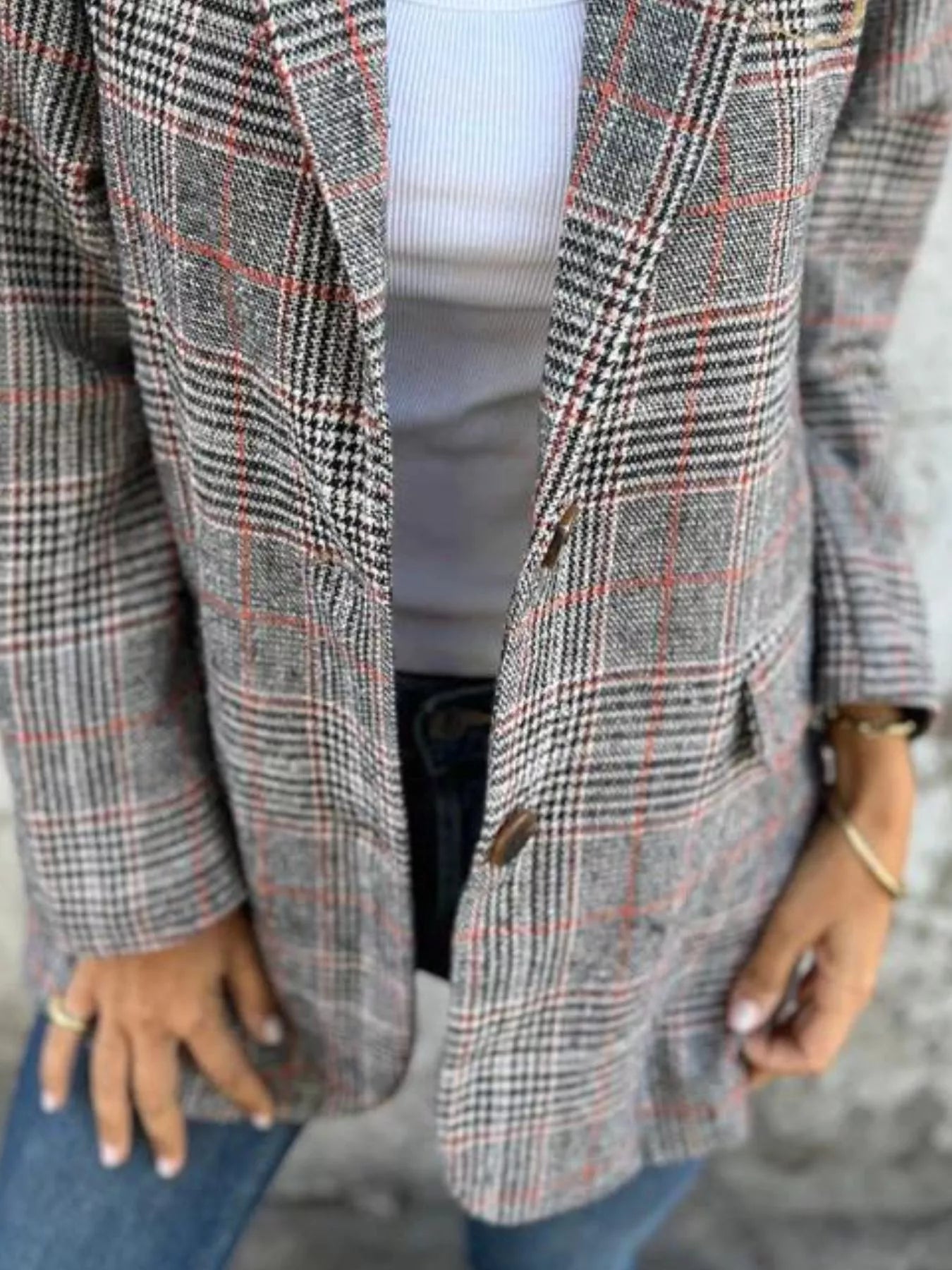 Fashorio Blazers Full Size Plaid Single-Breasted Long Sleeve Blazer Plus Size
