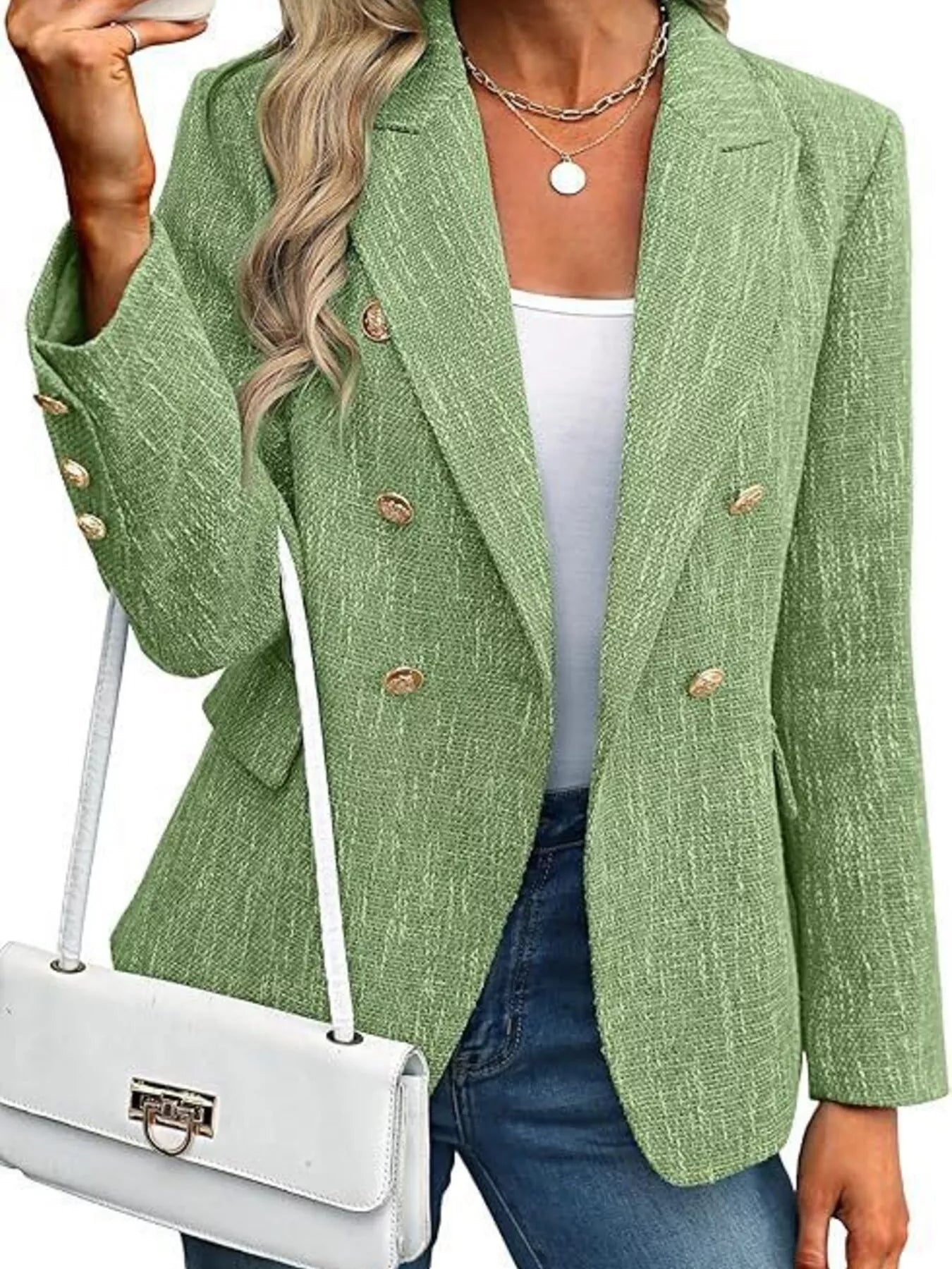 Fashorio Blazers Green / S Double-Breasted Lapel Collar Blazer