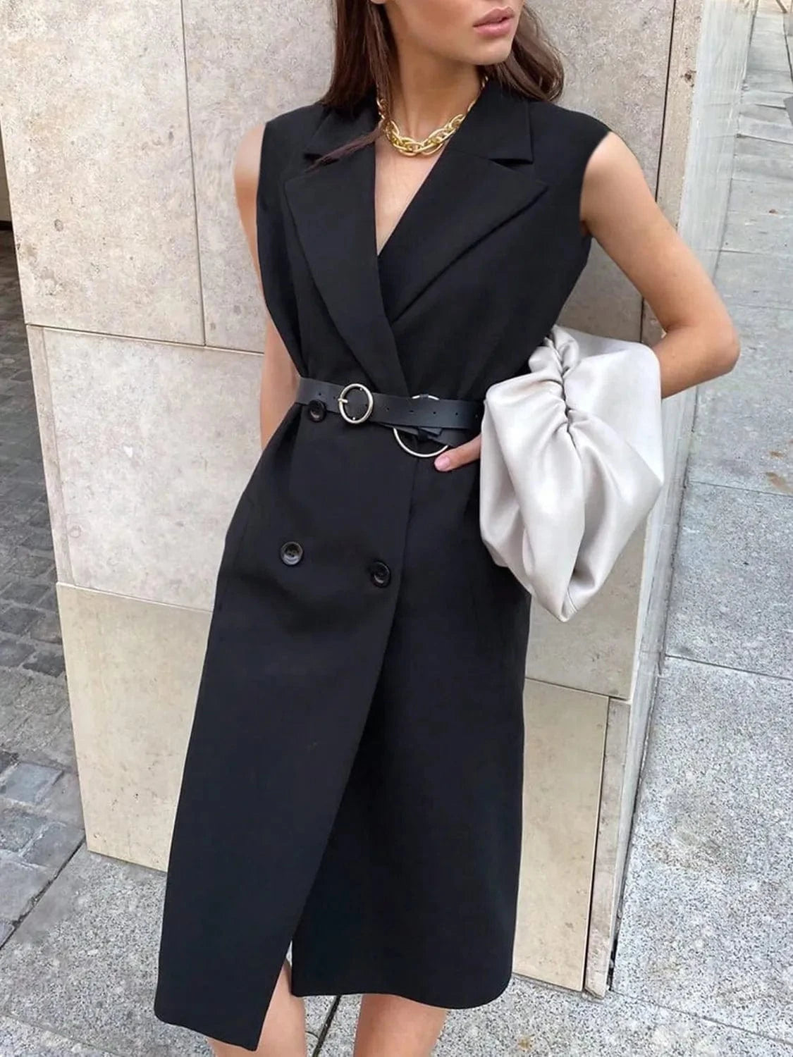 Fashorio Blazers Lapel Collar Sleeveless Longline Blazer