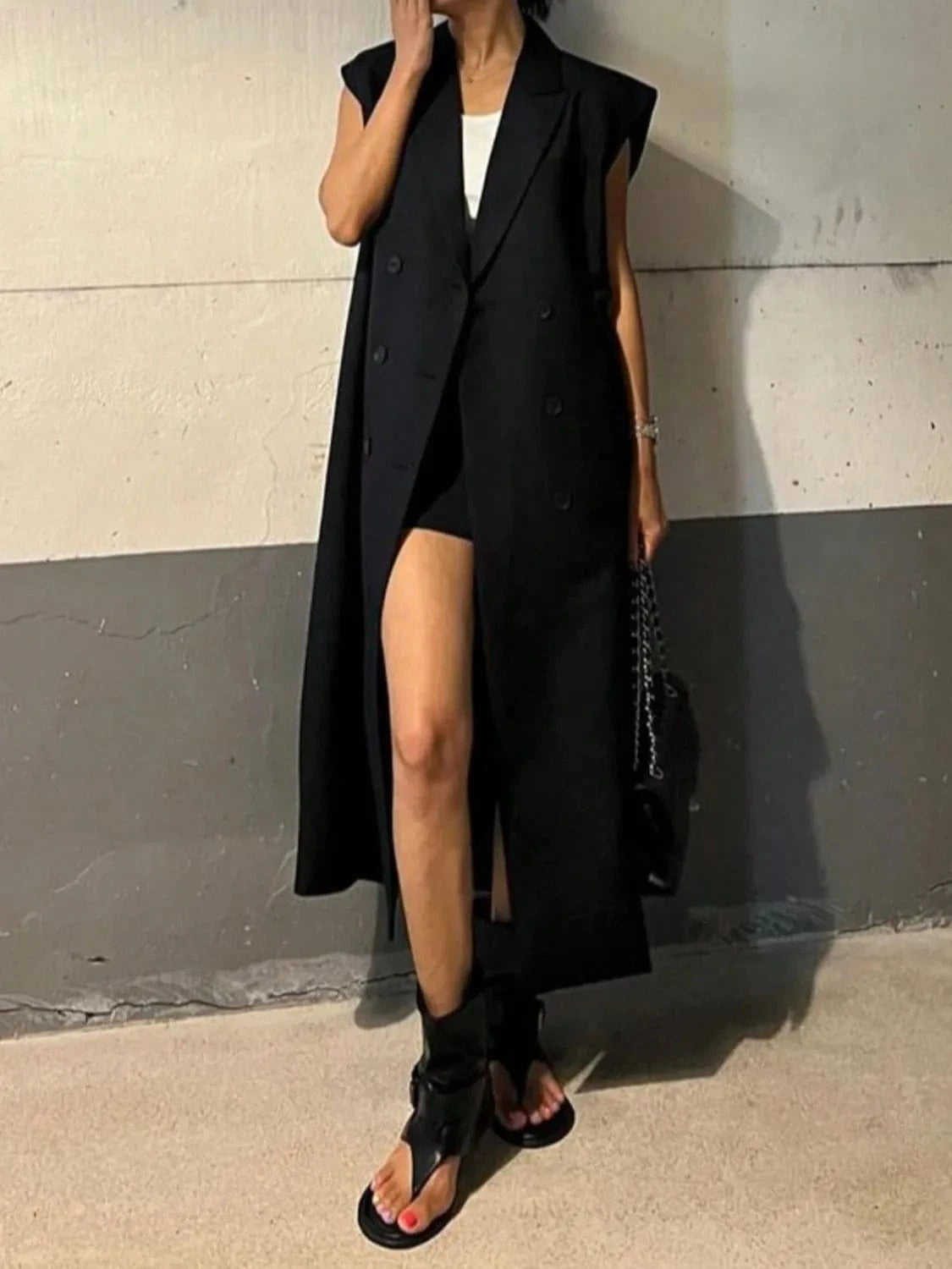 Fashorio Blazers Lapel Collar Sleeveless Longline Blazer