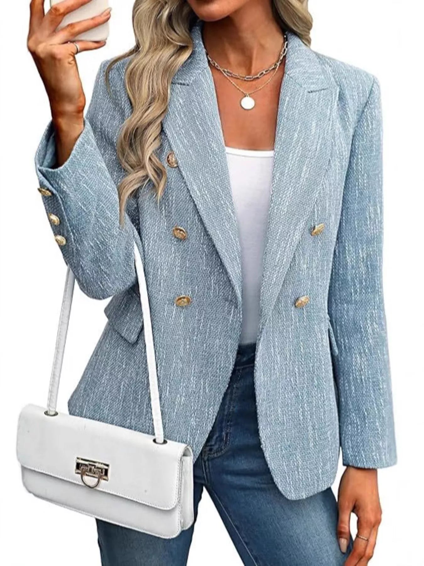 Fashorio Blazers Light Blue / S Double-Breasted Lapel Collar Blazer