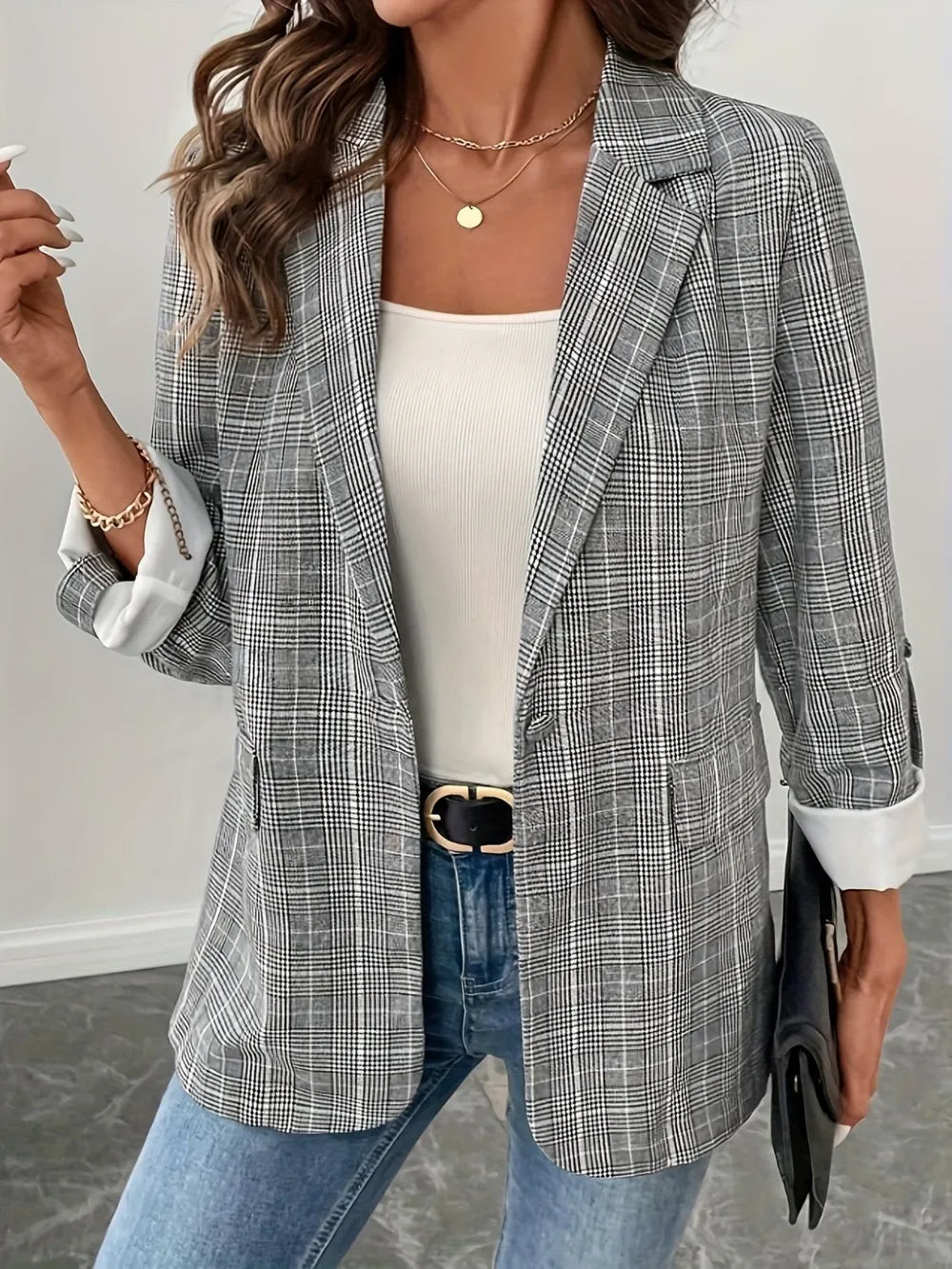 Fashorio Blazers Light Gray / S Single-Breasted Lapel Collar Plaid Blazer