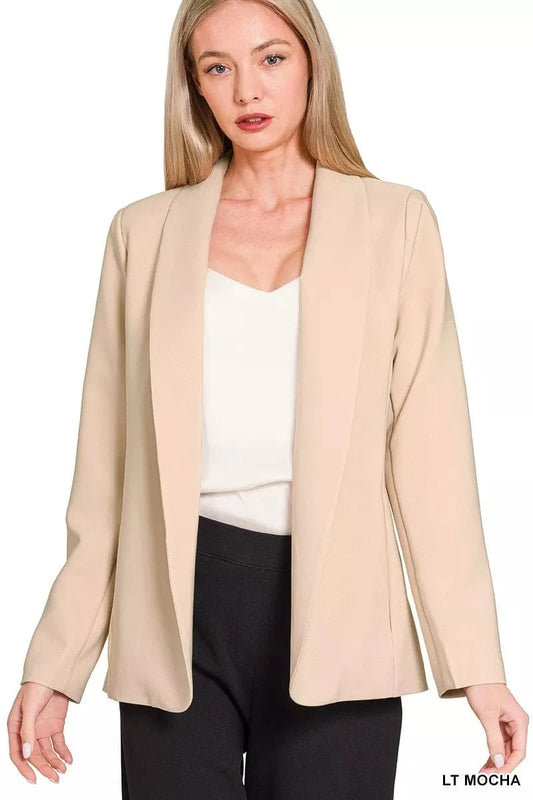 Zenana Woven Long Sleeve Blazer With Lining LT MOCHA - Fashorio