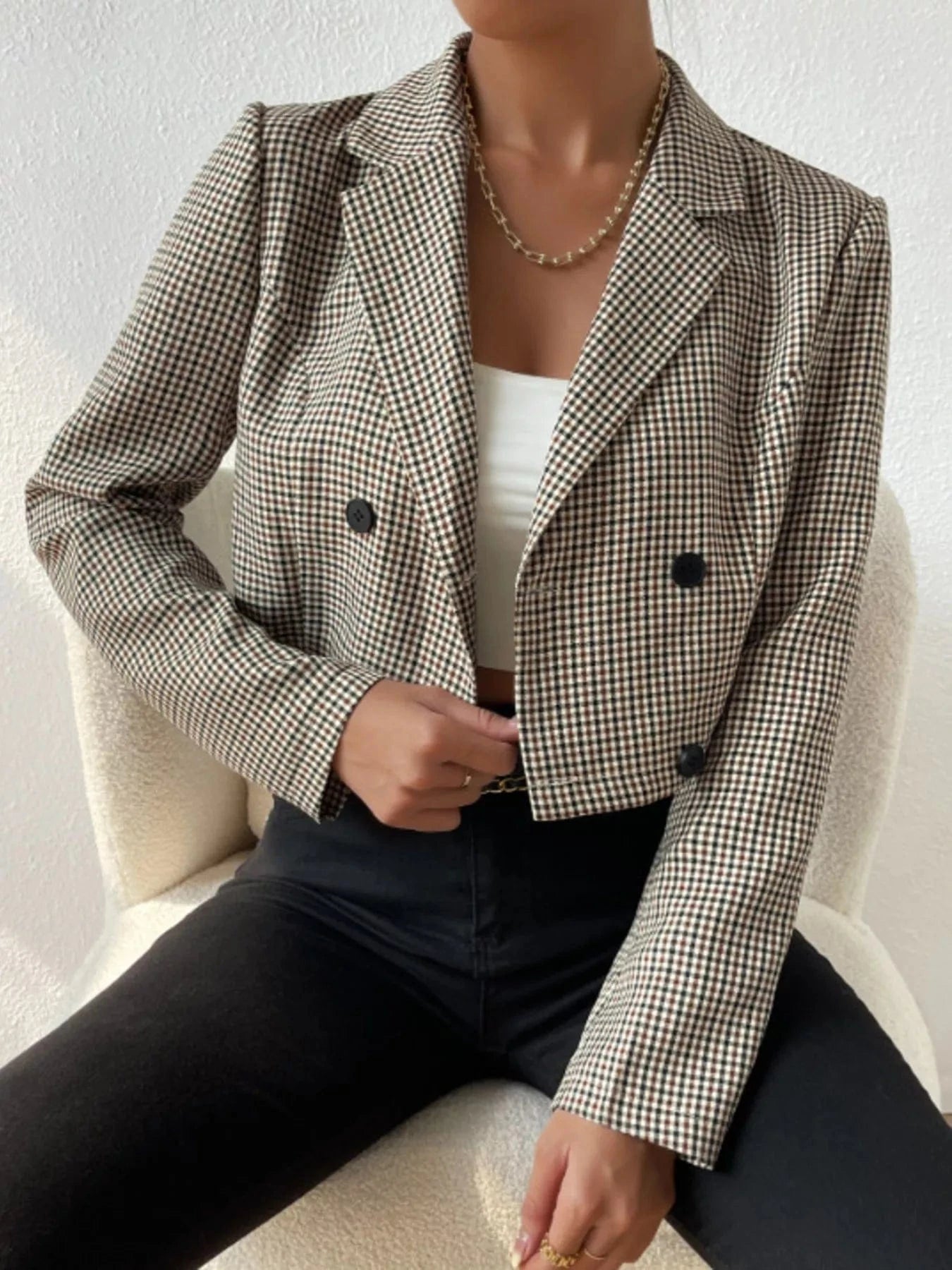 Fashorio Blazers Multicolor / S Plaid Lapel Collar Cropped Blazer