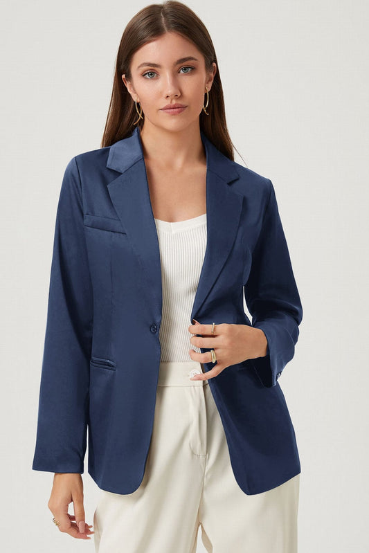 Long Sleeve Lapel Collar Blazer Navy - Fashorio