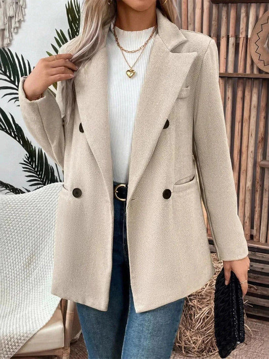 Lapel Collar Long Sleeve Blazer Off-white - Fashorio