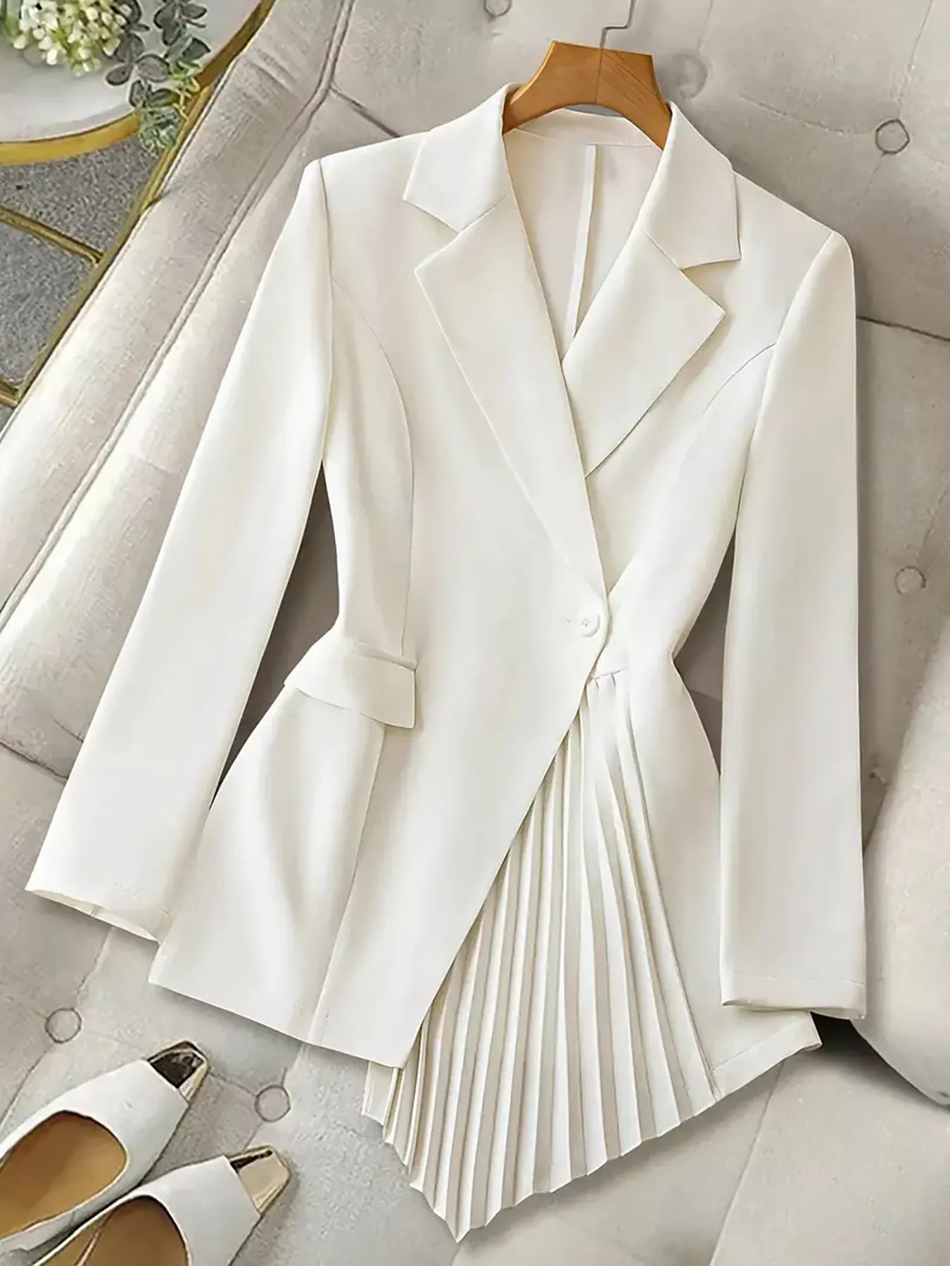 Fashorio Blazers One Button Asymmetric Pleated Hem Blazer