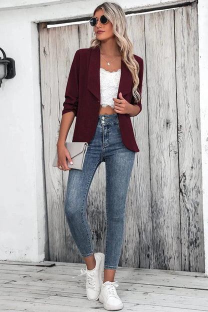 One Button Collared Neck Ruched Sleeve Blazer - Fashorio