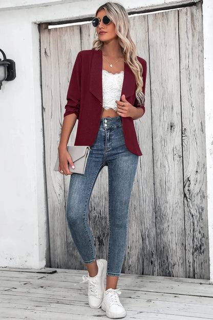 One Button Collared Neck Ruched Sleeve Blazer - Fashorio