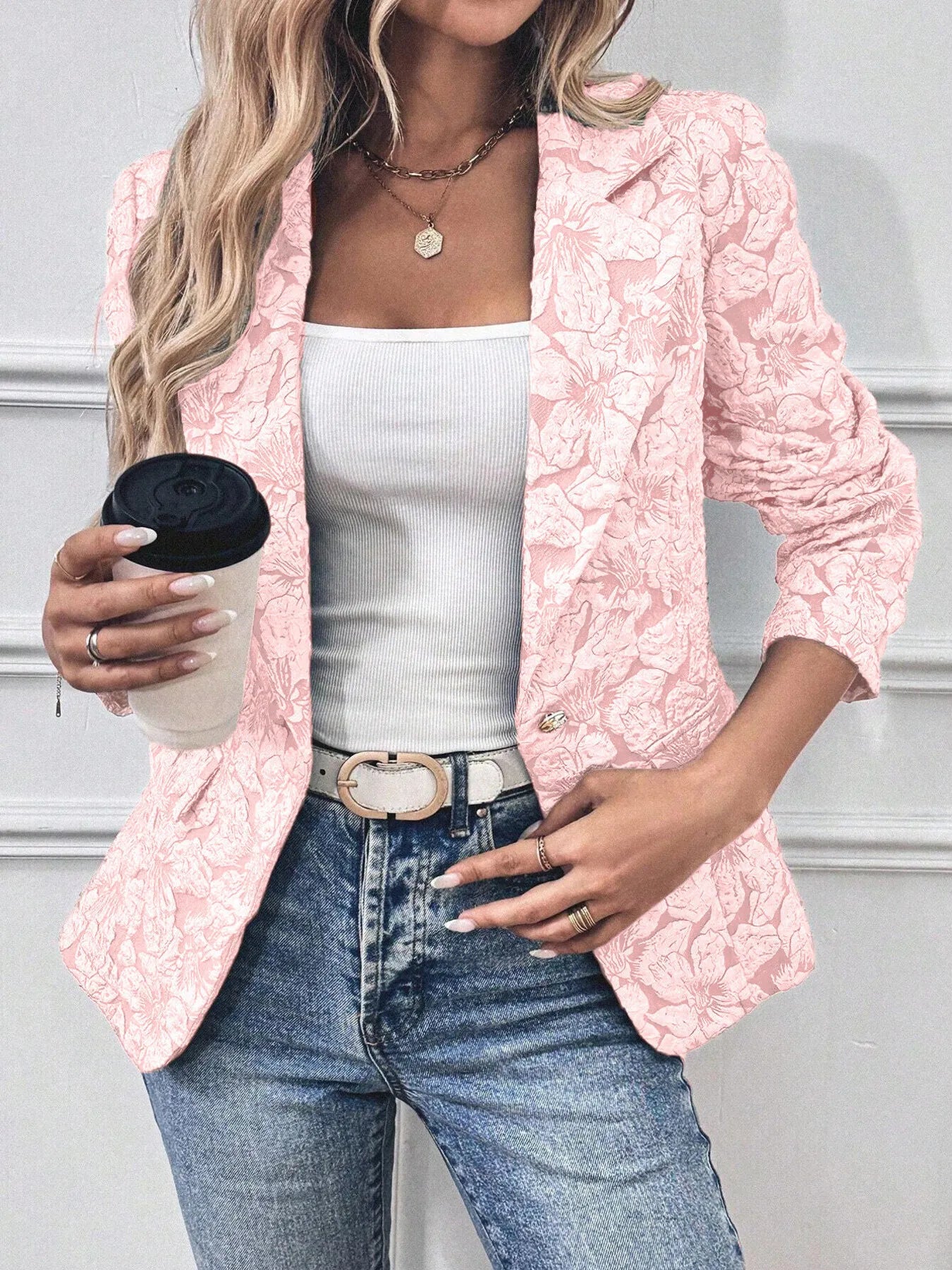 Fashorio Blazers Pink / S Floral Print Single Button Blazer with Pockets