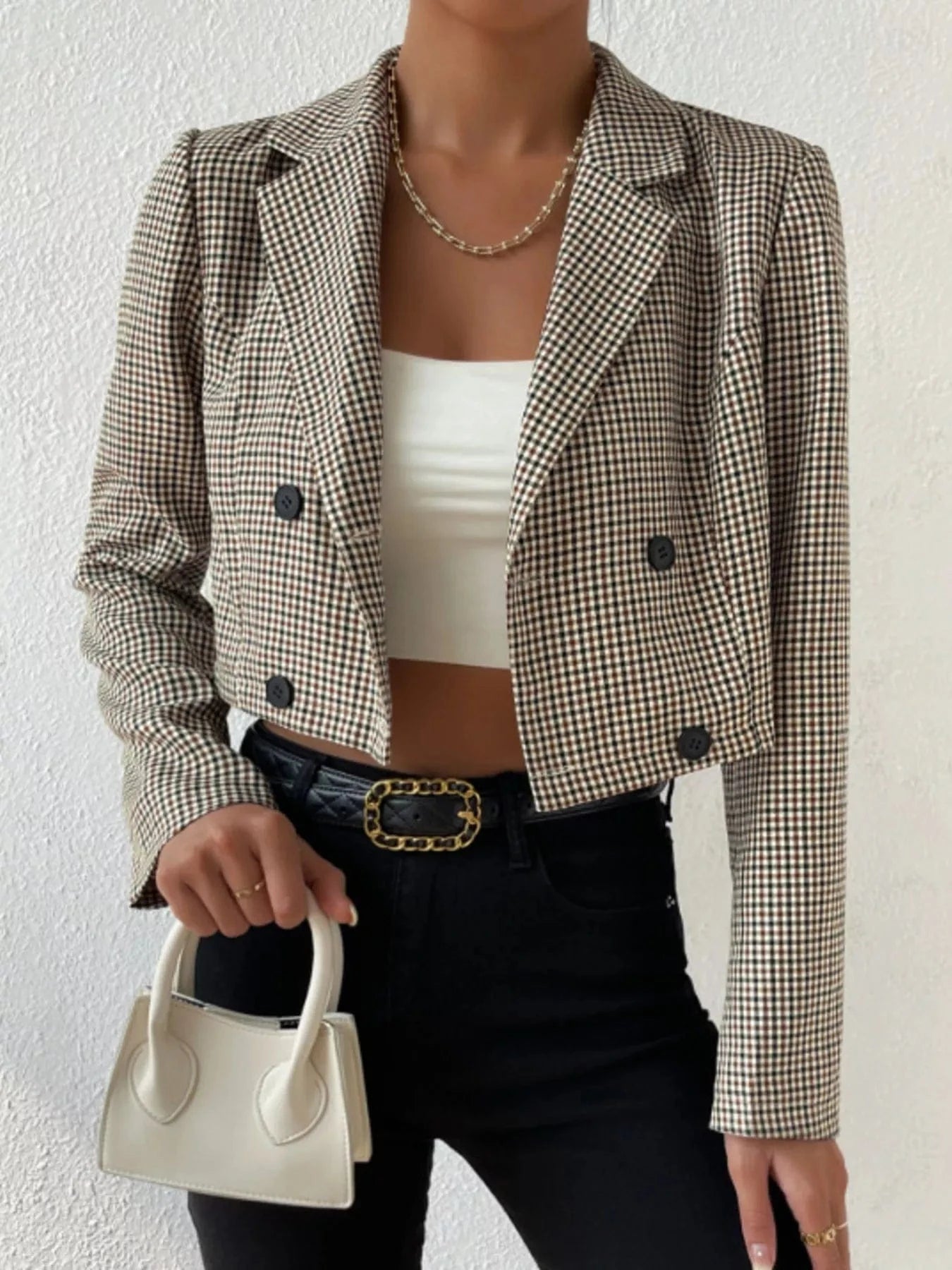 Fashorio Blazers Plaid Lapel Collar Cropped Blazer