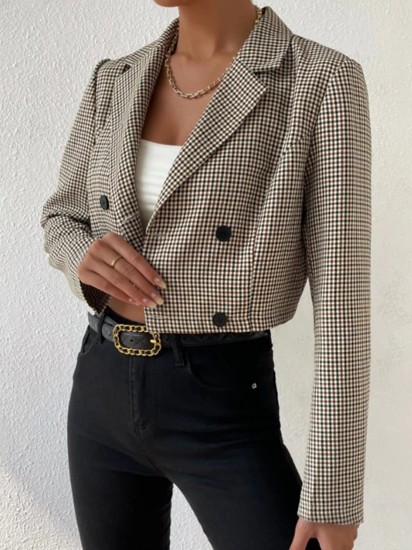 Fashorio Blazers Plaid Lapel Collar Cropped Blazer