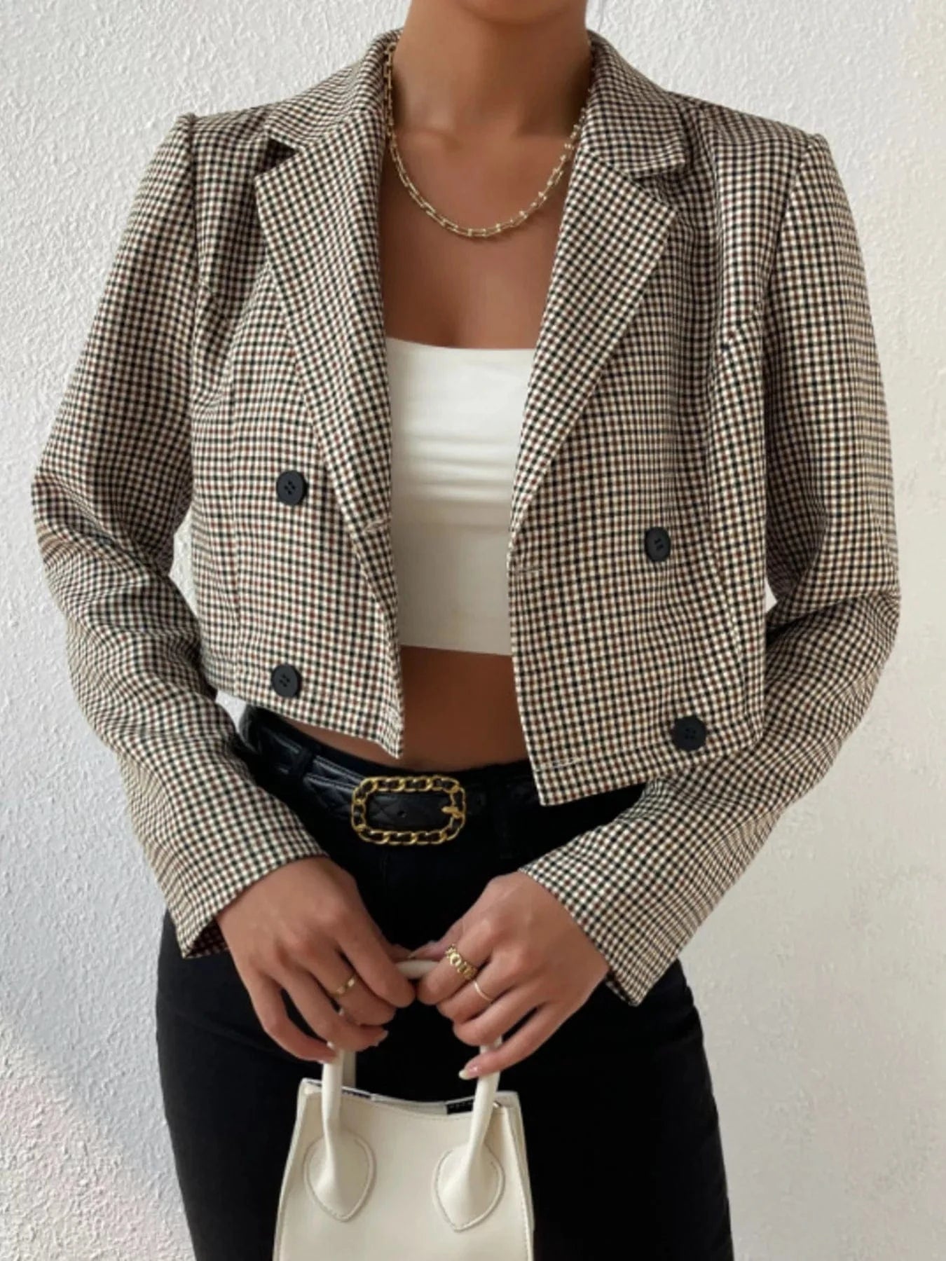 Fashorio Blazers Plaid Lapel Collar Cropped Blazer