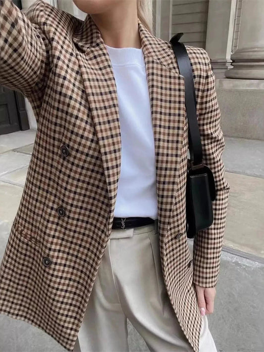 Plaid Lapel Collar Long Sleeve Blazer - Fashorio