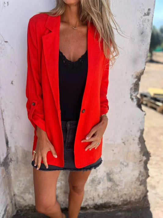 Full Size Lapel Collar Long Sleeve Blazer Plus Size Red - Fashorio