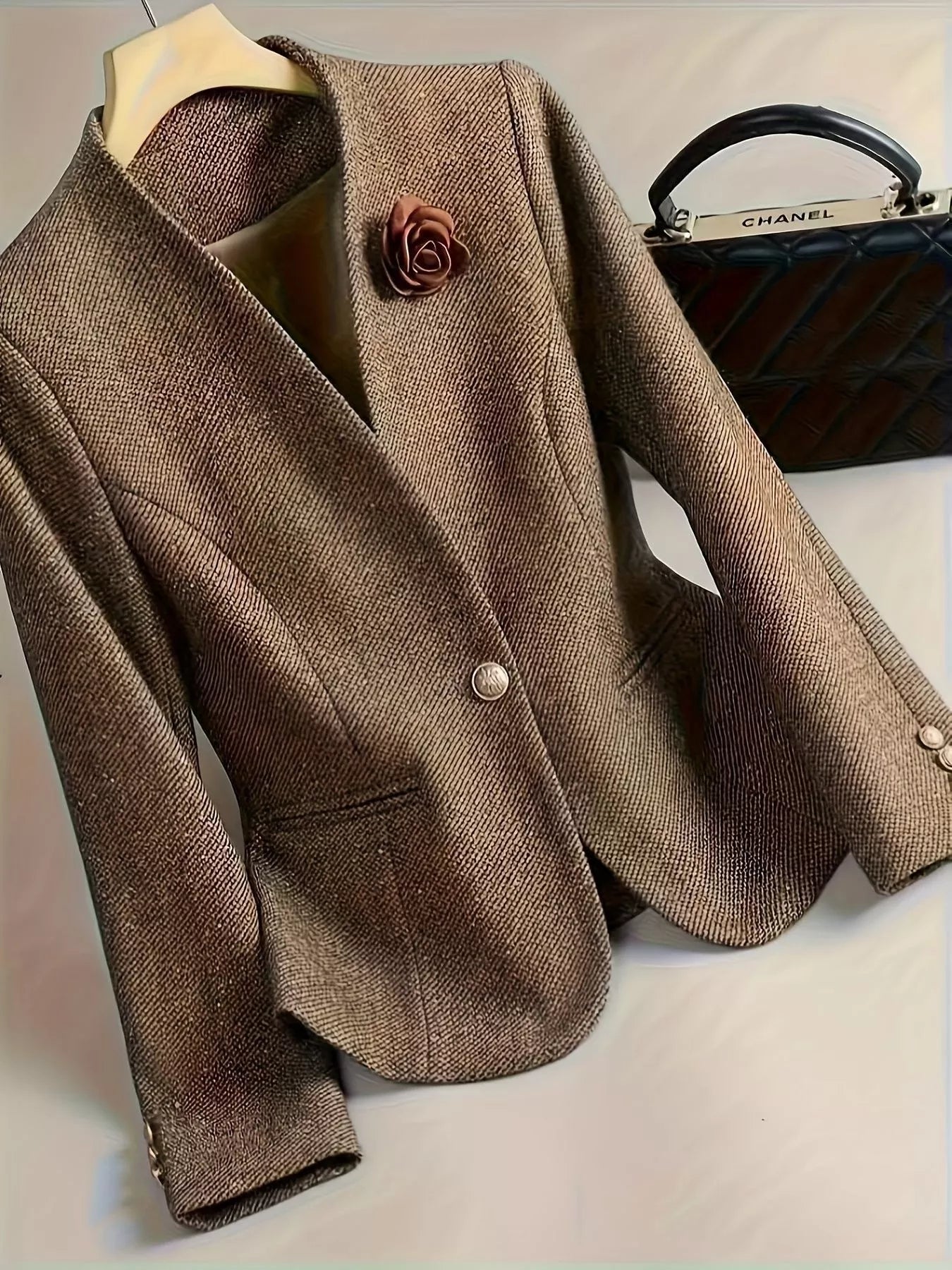Fashorio Blazers Taupe / S Flower One Button Long Sleeve Blazer