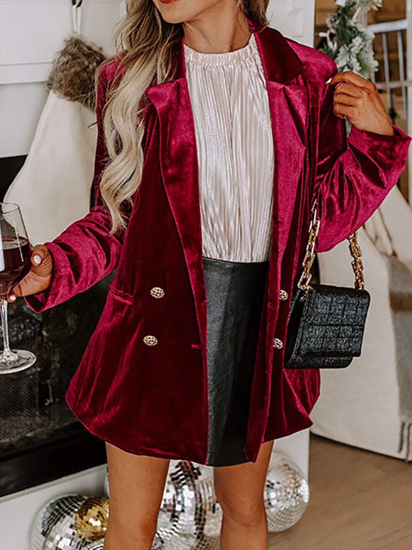 Fashorio Blazers Velvet Lapel Collar Button Up Blazer