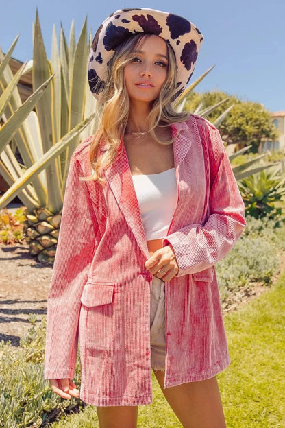 BiBi Ribbed Button Up Long Sleeve Blazer VENTAGE RUBY - Fashorio