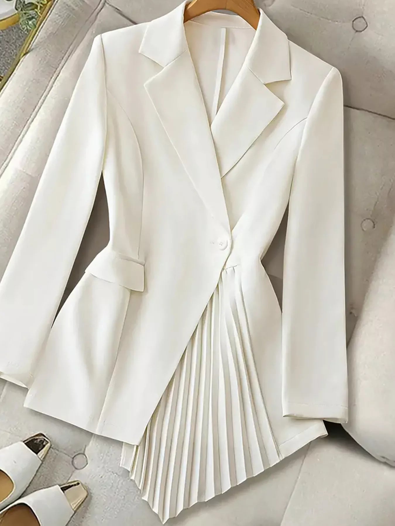Fashorio Blazers White / S One Button Asymmetric Pleated Hem Blazer