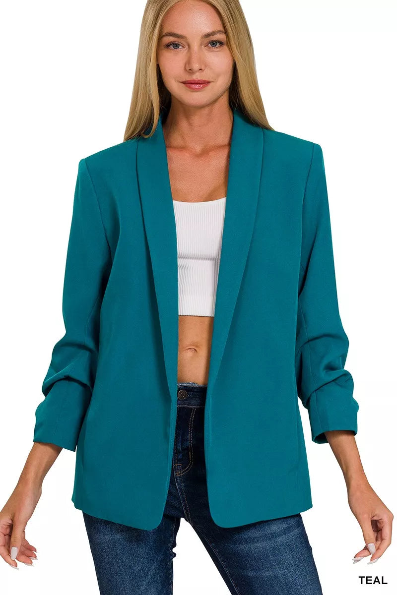 Fashorio Blazers Zenana Woven 3/4 Ruched Sleeve Open Front Classic Blazer