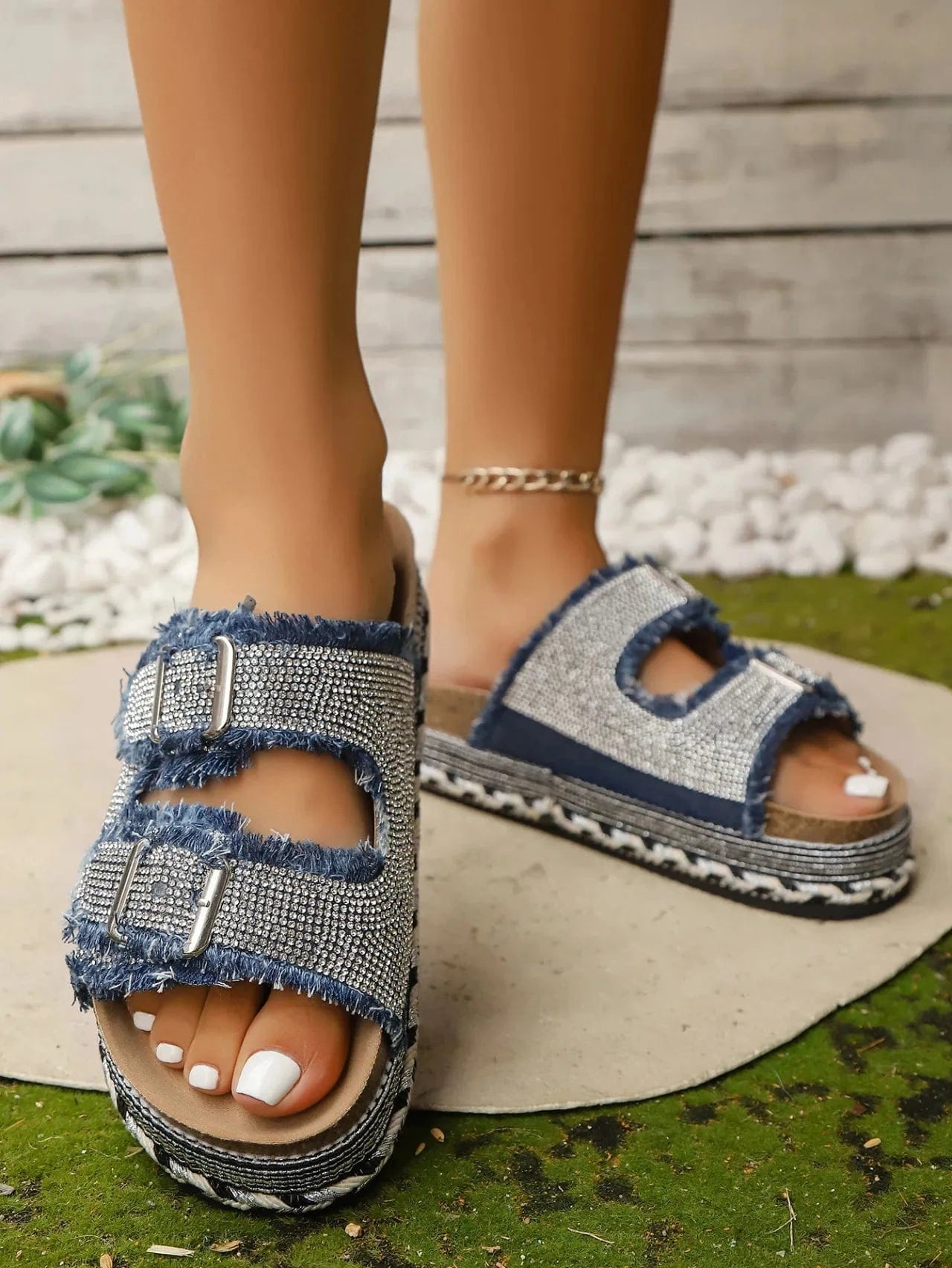 Rhinestone Double Buckle Platform Sandals Blue - Fashorio