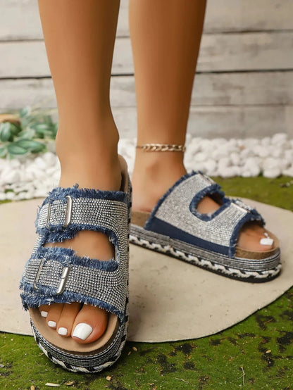 Rhinestone Double Buckle Platform Sandals Blue - Fashorio