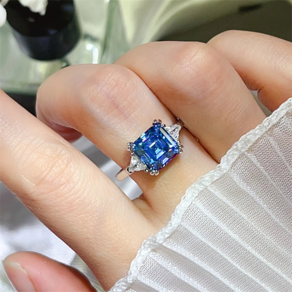 Fashorio Blue / 5 3 Carat Moissanite 925 Sterling Silver Ring