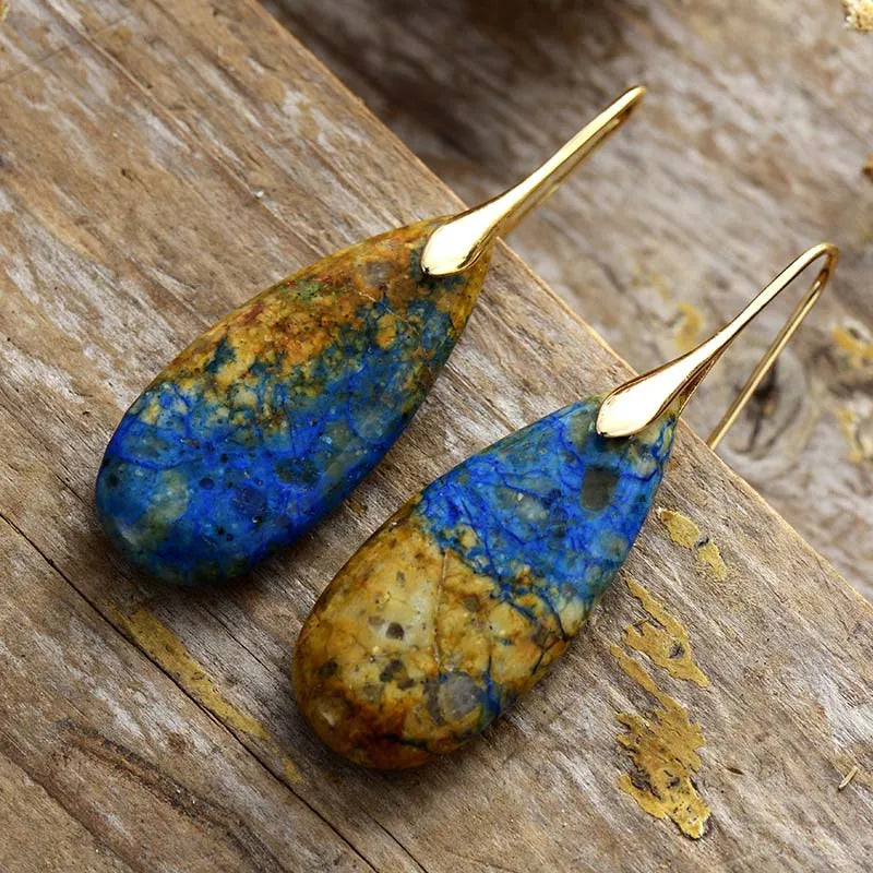 Fashorio Blue/Brown/Gold / One Size Teardrop Shape Natural Stone Dangle Earrings