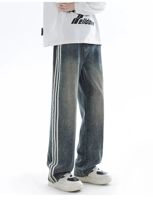 Men's Plus Size Retro Wide Leg Side Stripe Jeans Blue - Fashorio