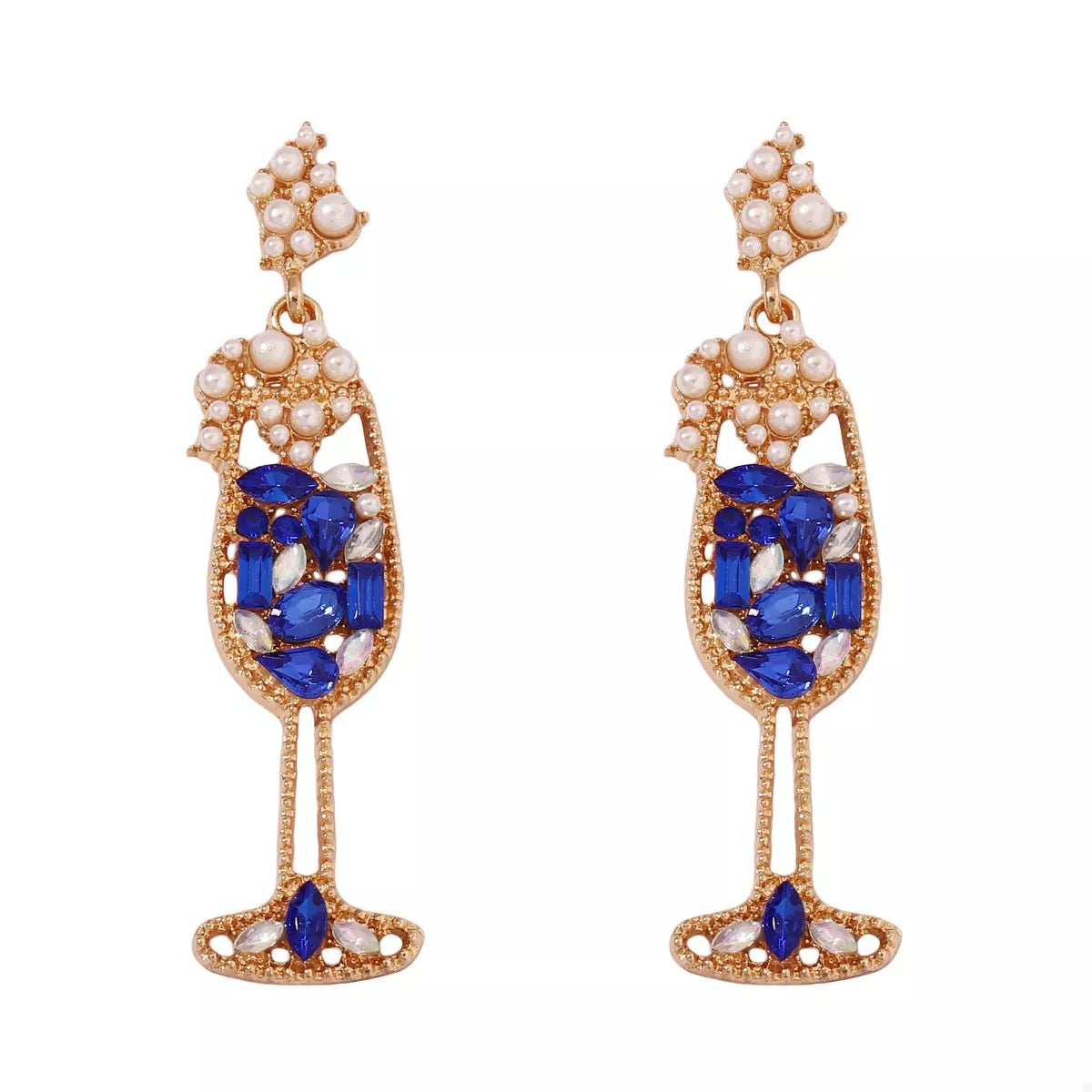 Fashorio Blue / onesize Champagne Glass Rhinestone Dangle Earrings