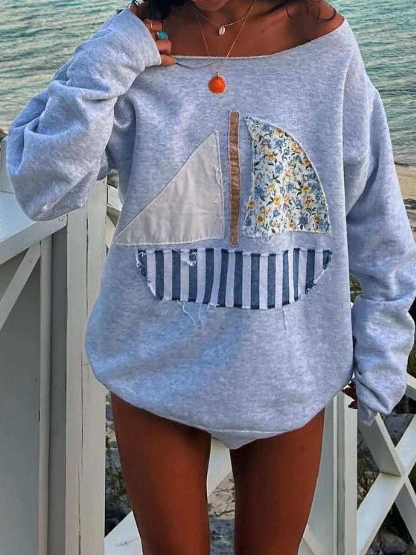 Fashorio Blue / S Boat Neck Long Sleeve Patchwork Sweatshirt
