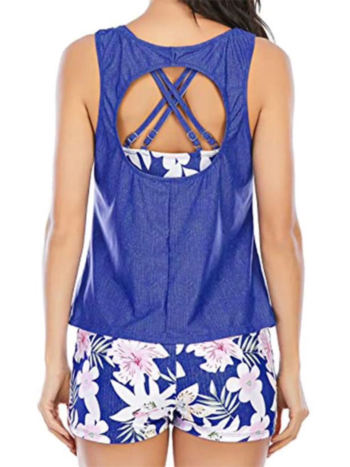 Fashorio Blue / S Cutout Printed Round Neck Three-Piece Swim Set