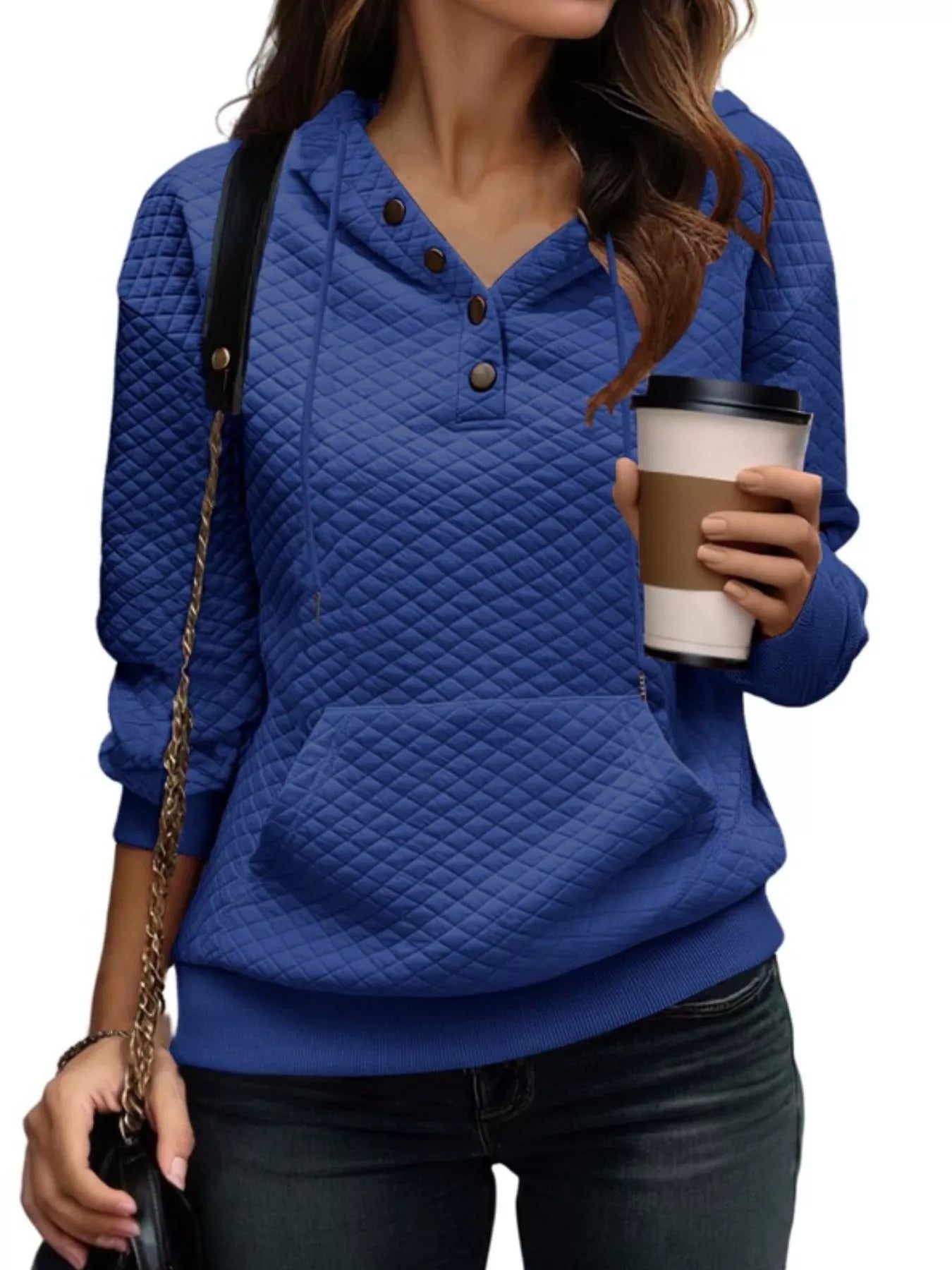 Fashorio Blue / S Drawstring Textured Dropped Shoulder Hoodie