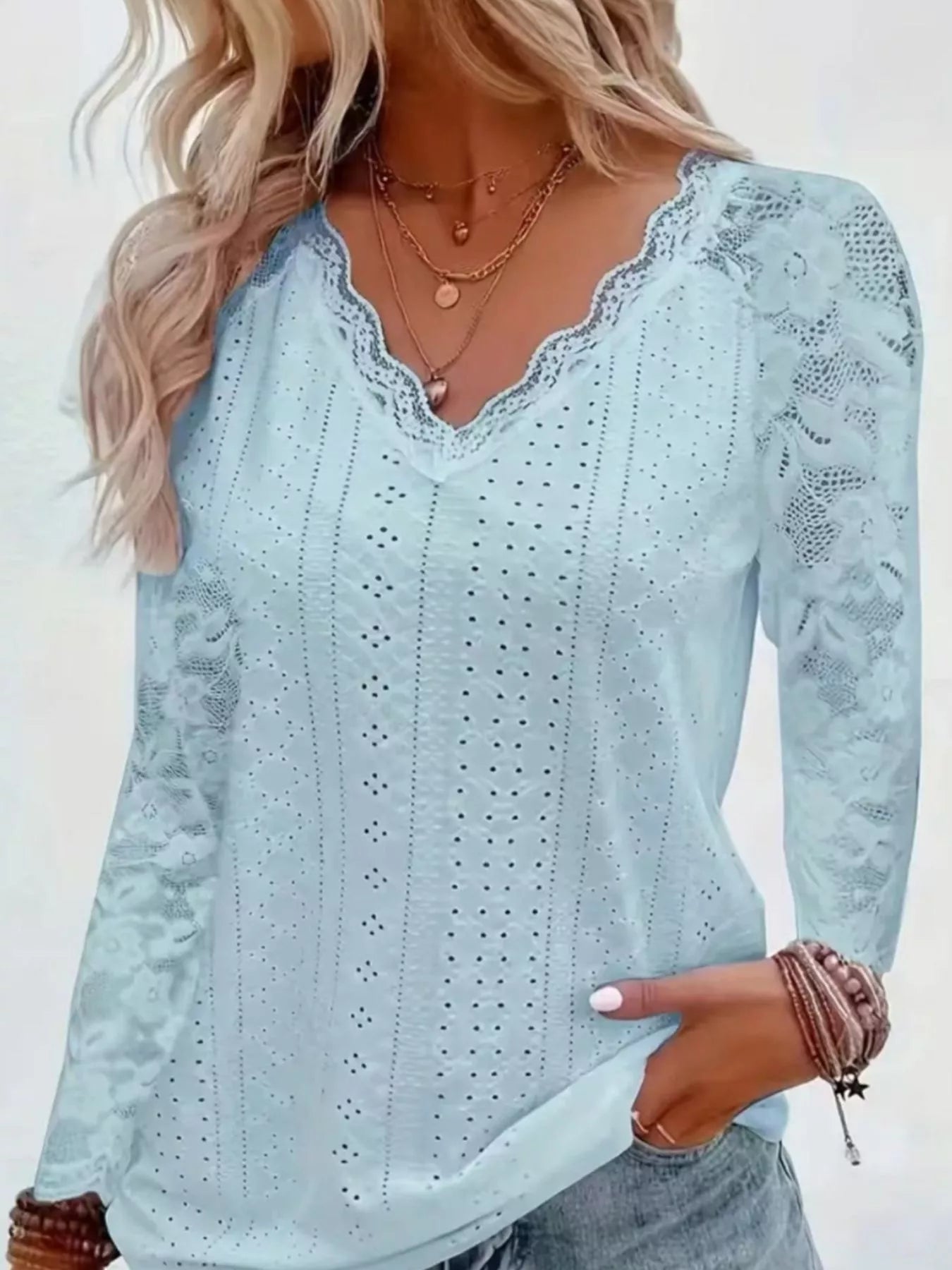 Fashorio Blue / S Eyelet Lace Sleeve V-Neck Blouse