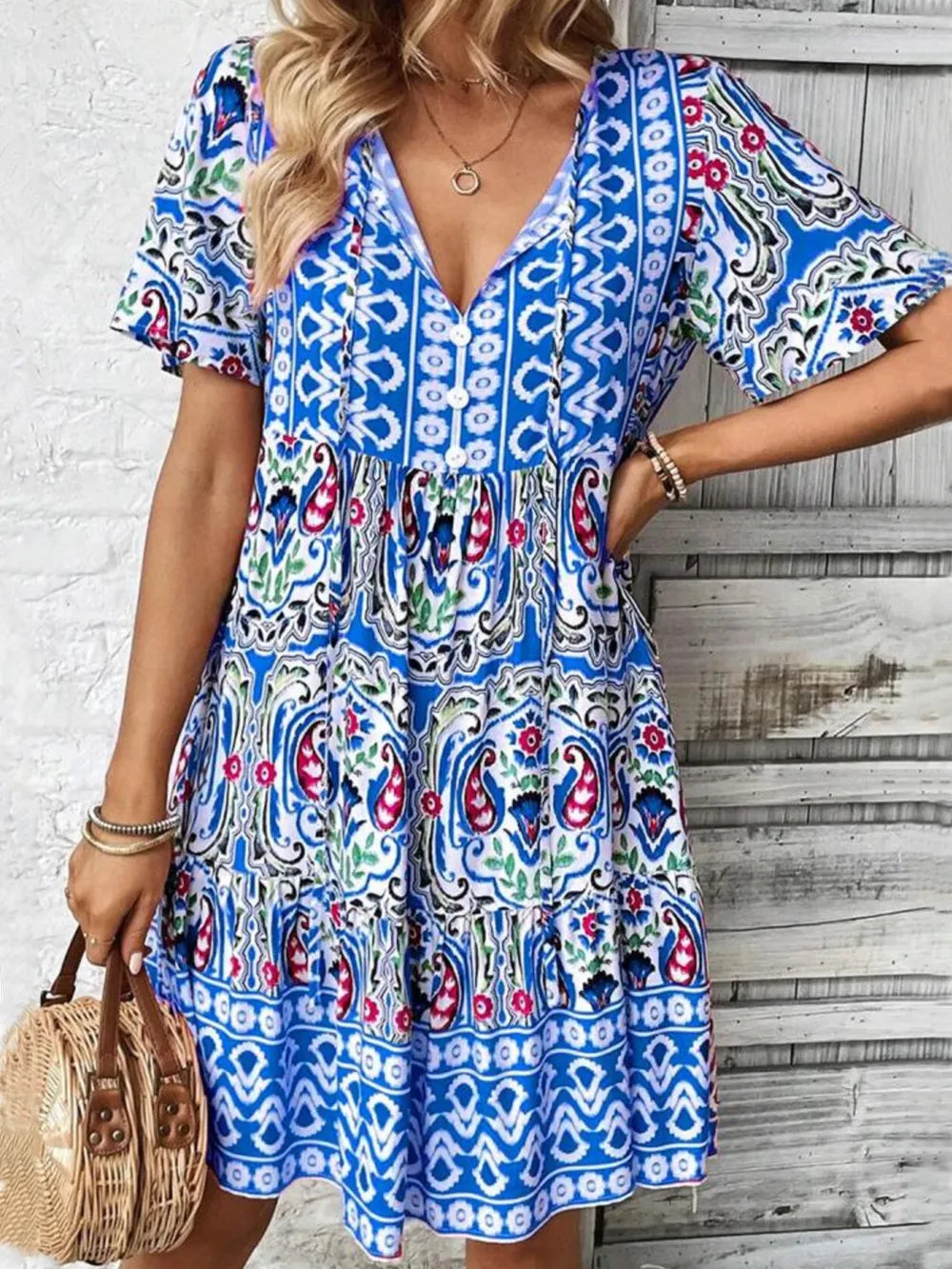 Fashorio Blue / S Printed Tie Neck Short Sleeve Dress