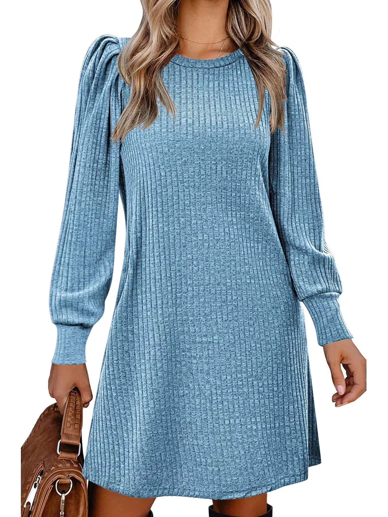 Fashorio Blue / S Ribbed Knit Puff Sleeve Casual Mini Dress