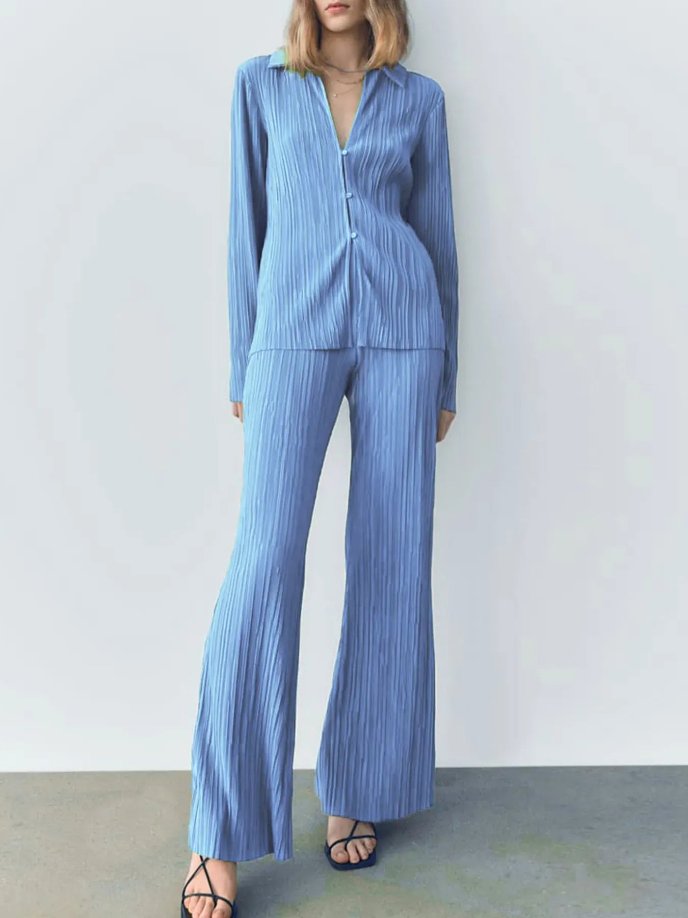 Fashorio Blue / S Texture Long Sleeve Top and Pants Lounge Set