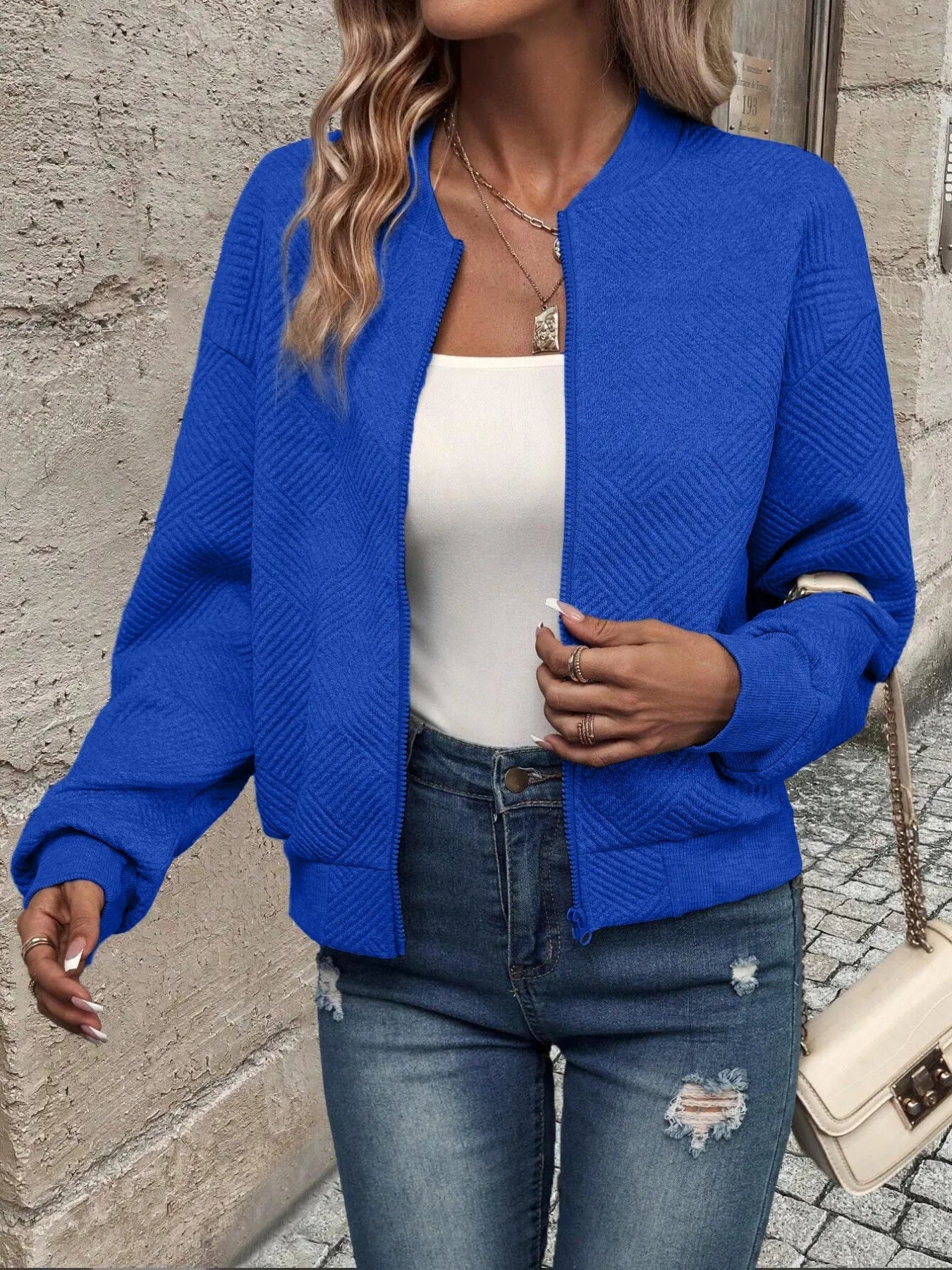 Fashorio Blue / S Textured Zip-Up Long Sleeve Jacket for Casual Layering