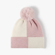 Fashorio Blush Pink / One Size Color Block Knit Hat with Pom-pom