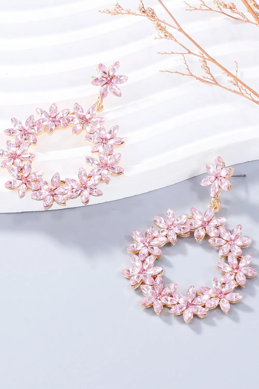 Fashorio Blush Pink / One Size Rhinestone Flower Dangle Earrings