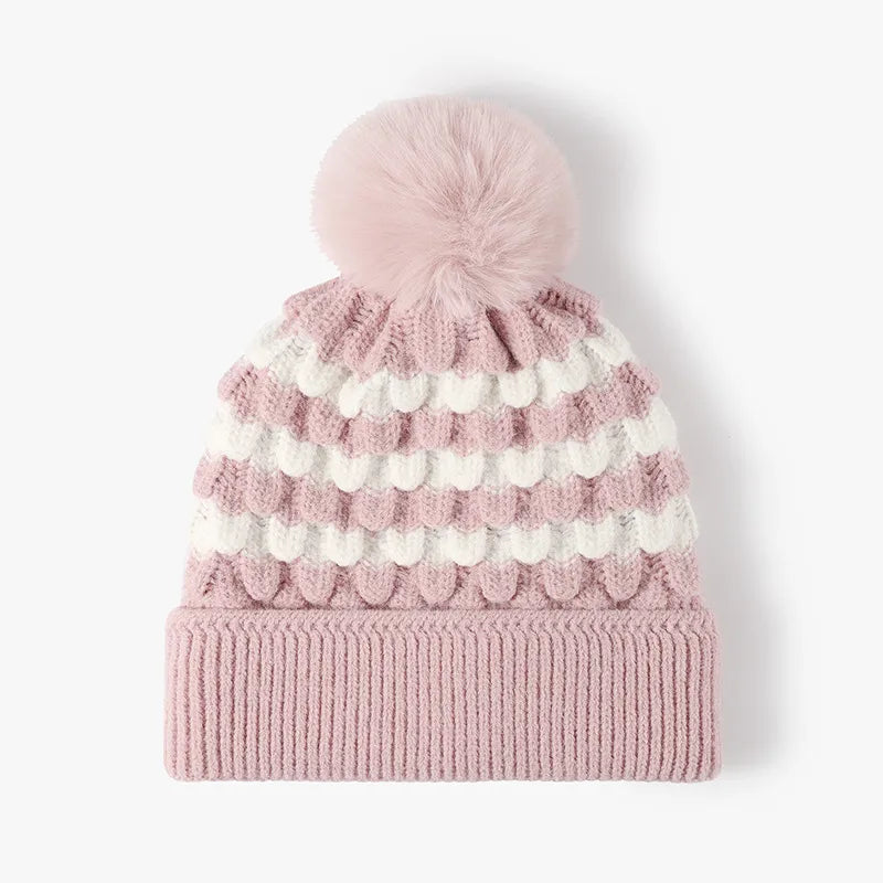 Fashorio Blush Pink / One Size Striped Contrast Knit Hat with Pom-pom