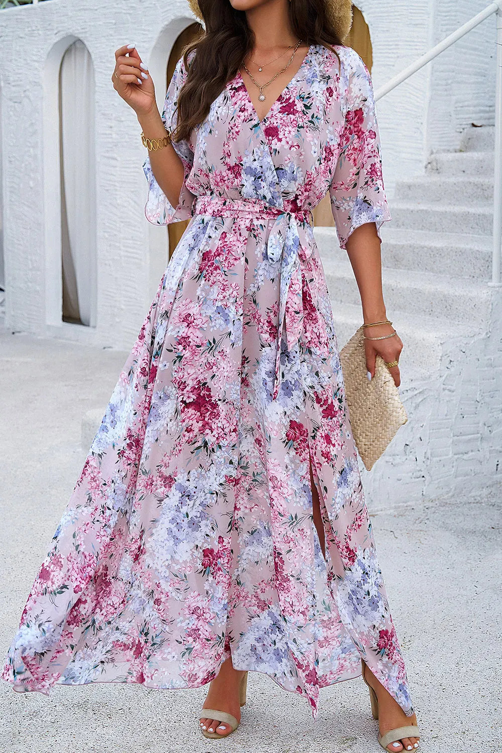 Fashorio Blush Pink / S Devine Printed Tied Half Sleeve Slit Dress
