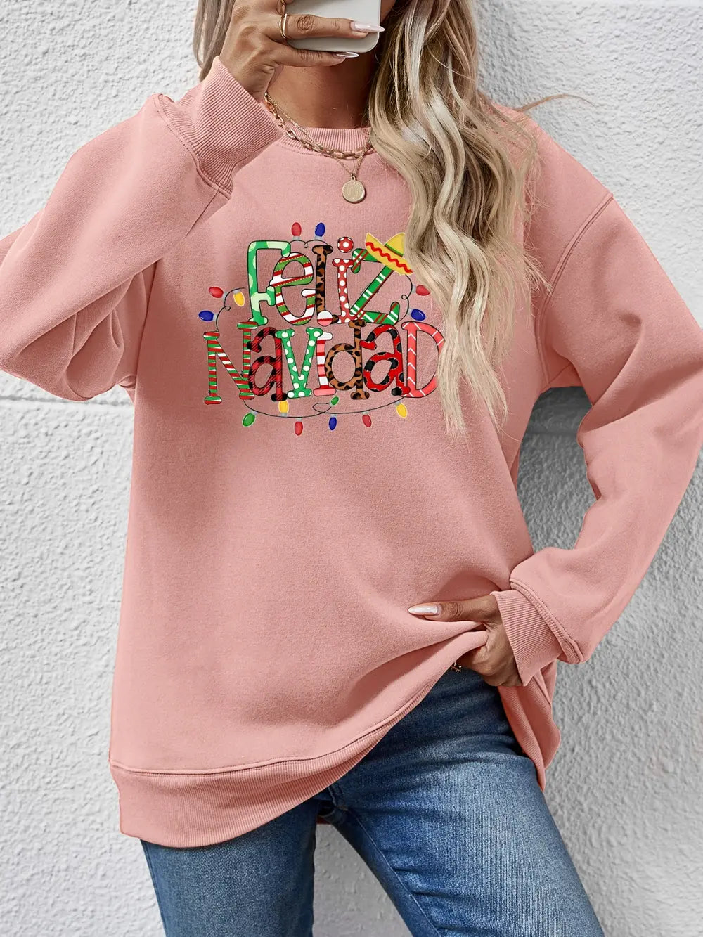 Fashorio Blush Pink / S FELIZ NAVIDAD Round Neck Drop Shoulder Sweatshirt