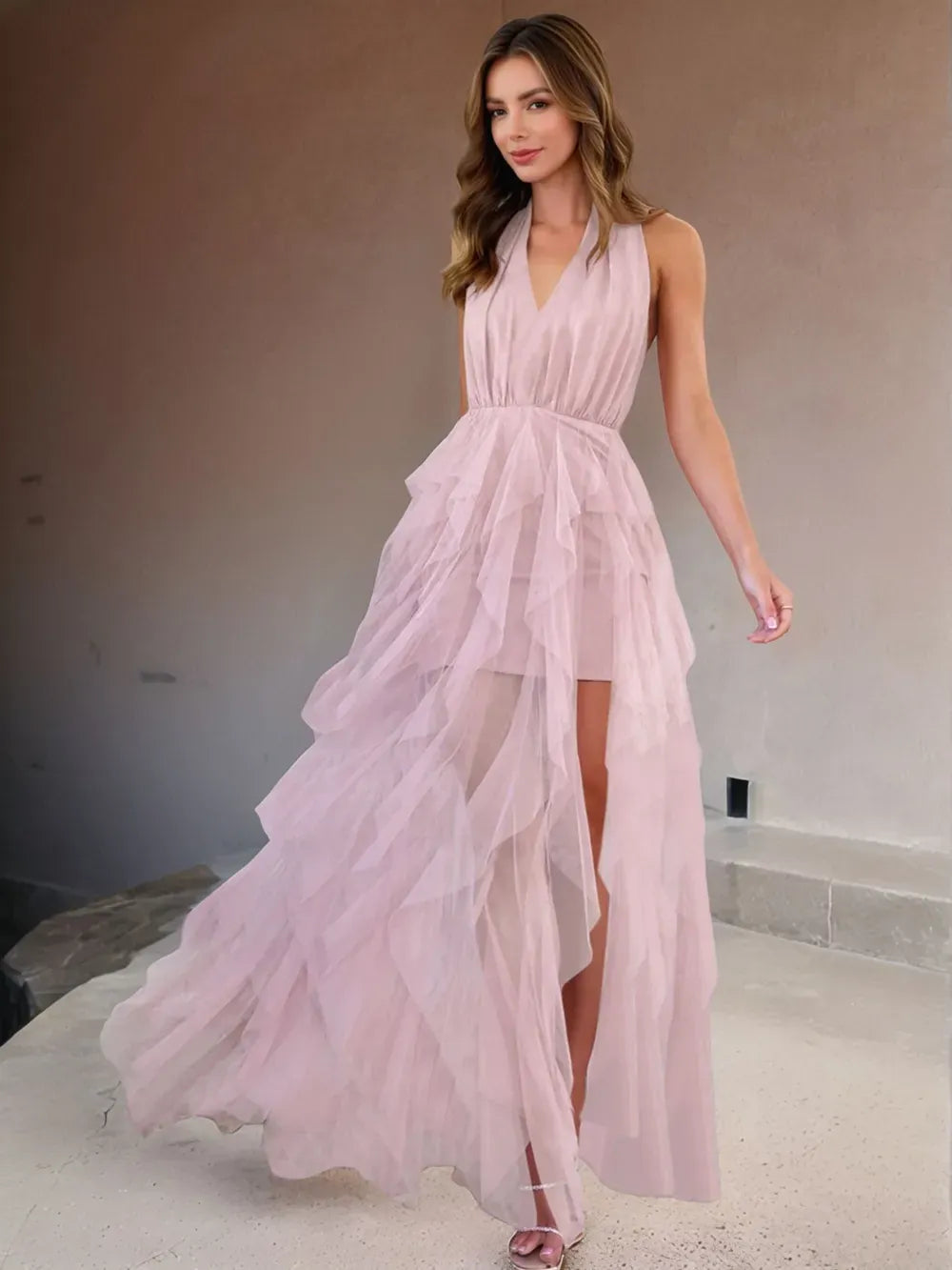 Fashorio Blush Pink / S Halter Neck Irregular Mesh Dress